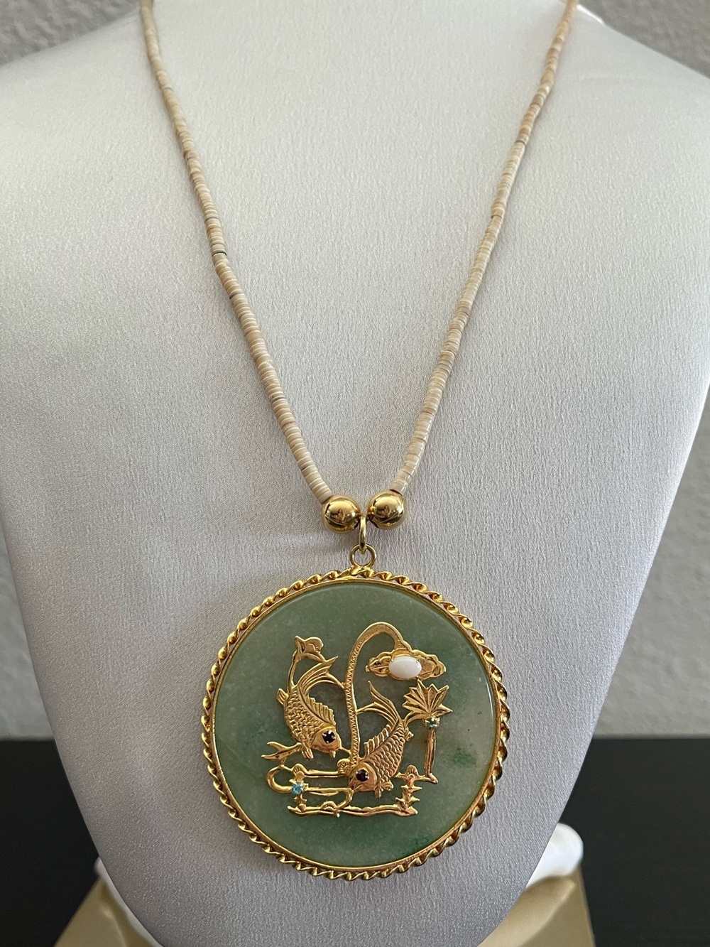 Vintage Large Green Jade Koi Fish & Fu Symbol Pendant Necklace